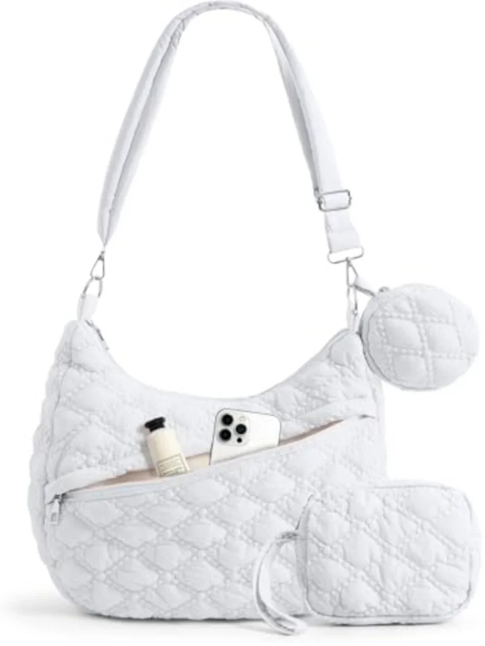 Quilted Puffer Tote Bag Set Hobo Crossbody with Adjustable Strap Nylon